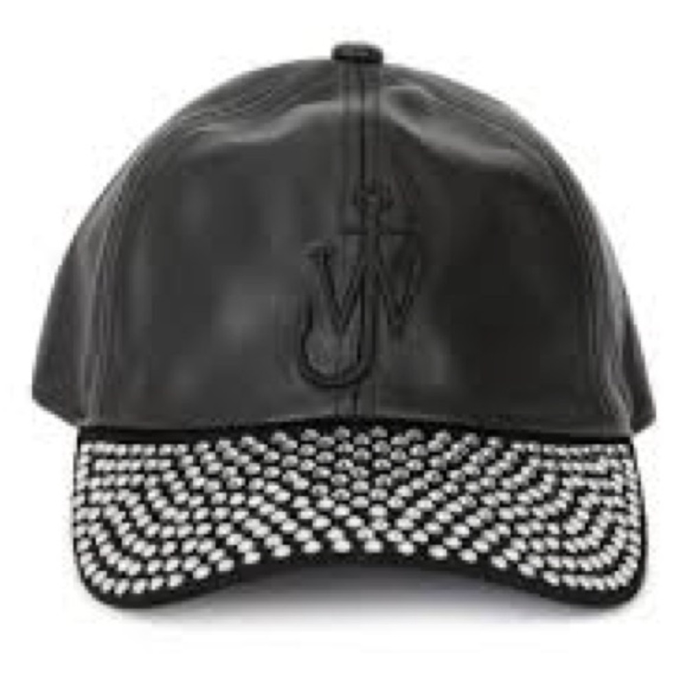 JW ANDERSON Black Leather Cap with Crystal Brim